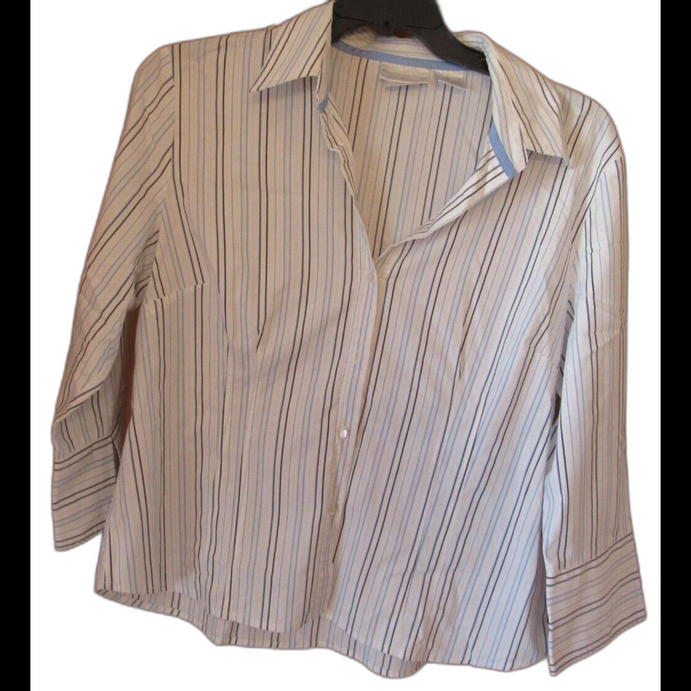 Worthington Stretch 3/4 Sleeve White with Blue Stripes Button Up Top Size 16